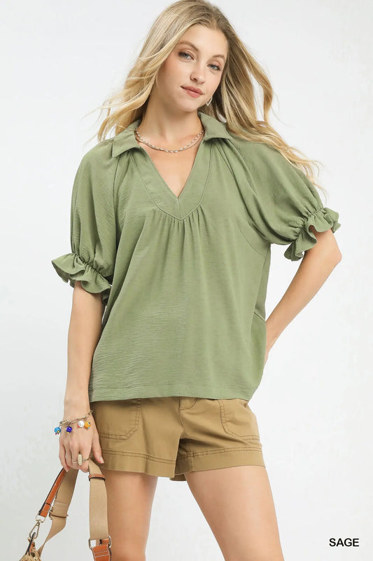 Solid Collared V-Neck Top