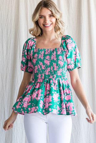 Floral Puff Sleeve Smocked Top