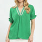 Green Textured Solid V-Neck Top