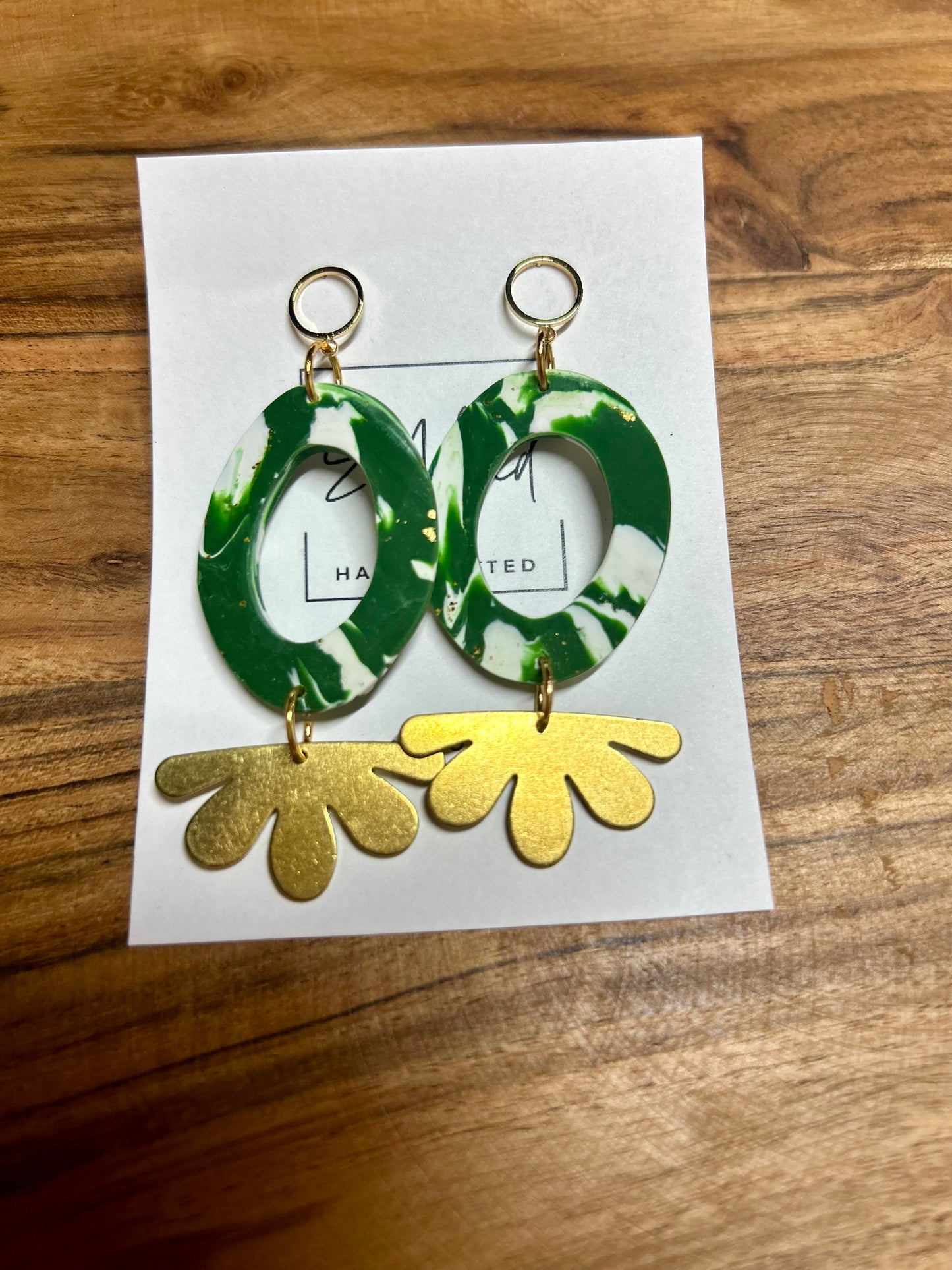 Green and White Earrings with Gold Leaf