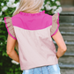 Mist Blue Colorblock Ruffled Sleeve Frill V Neck Blouse