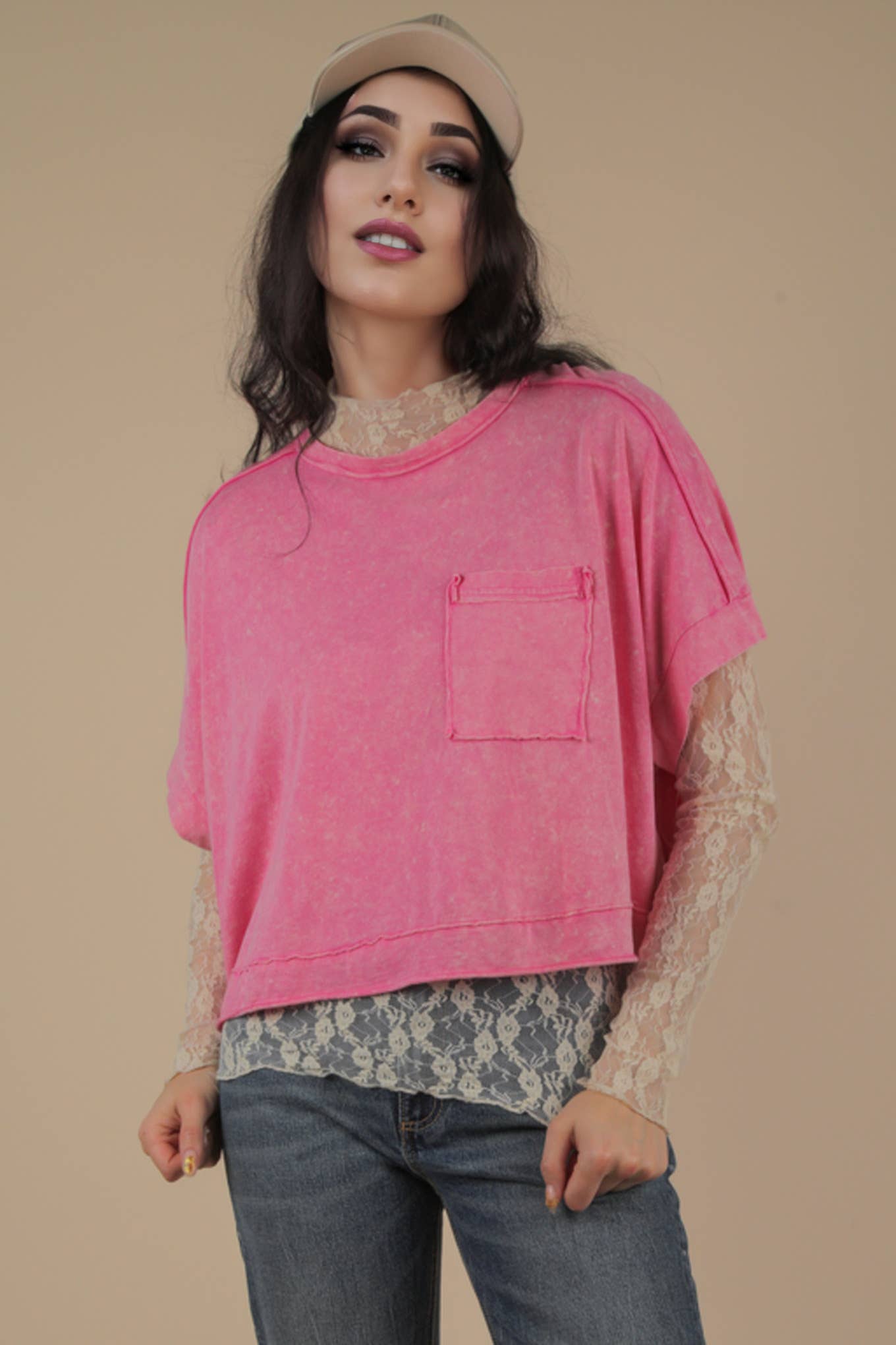 NT11429-Mineral Washed Oversized Crop Comfy Knit Top
