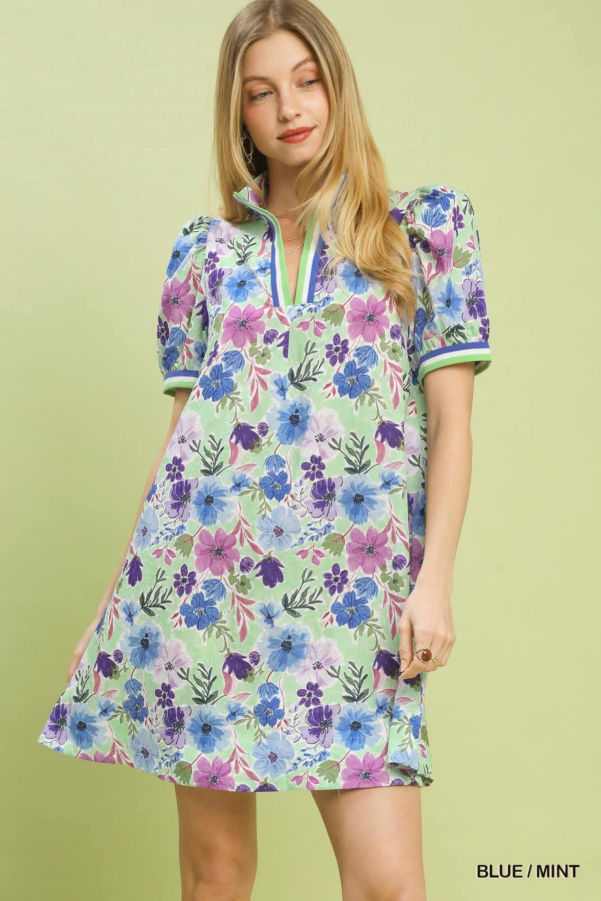 Blue/Mint Floral Print High Neck Mini Dress