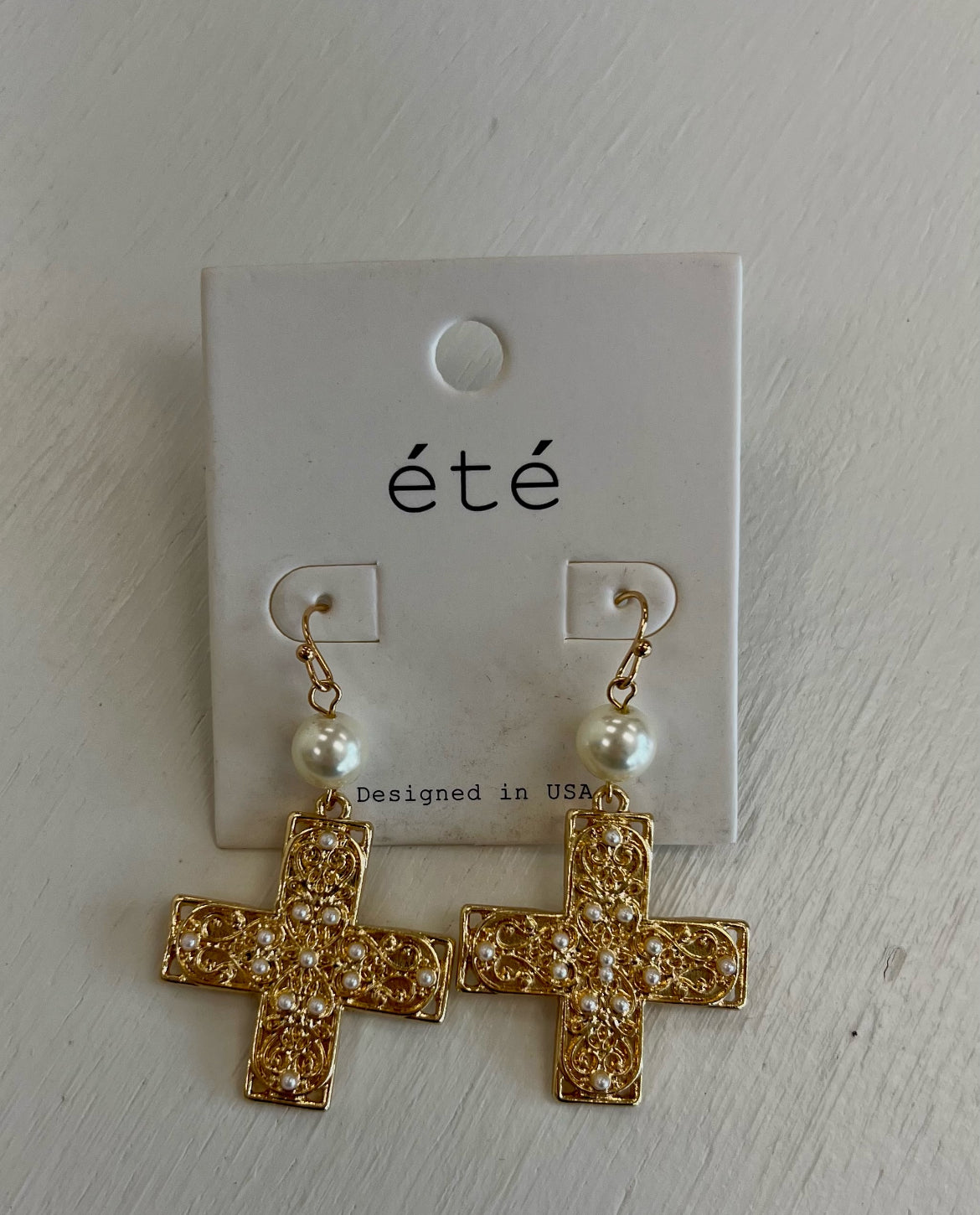 Gold Cross Pearl Earrings