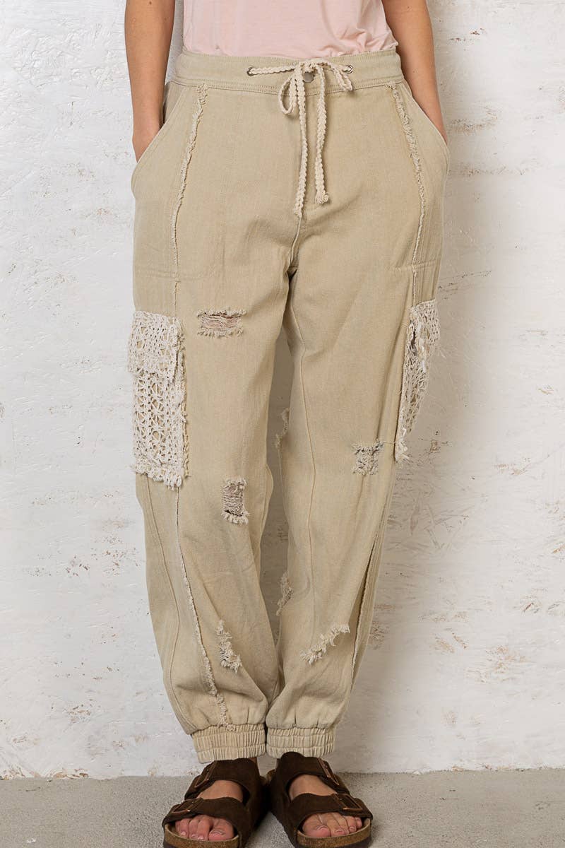 Tie waistband contrast crochet cargo pockets denim joggers