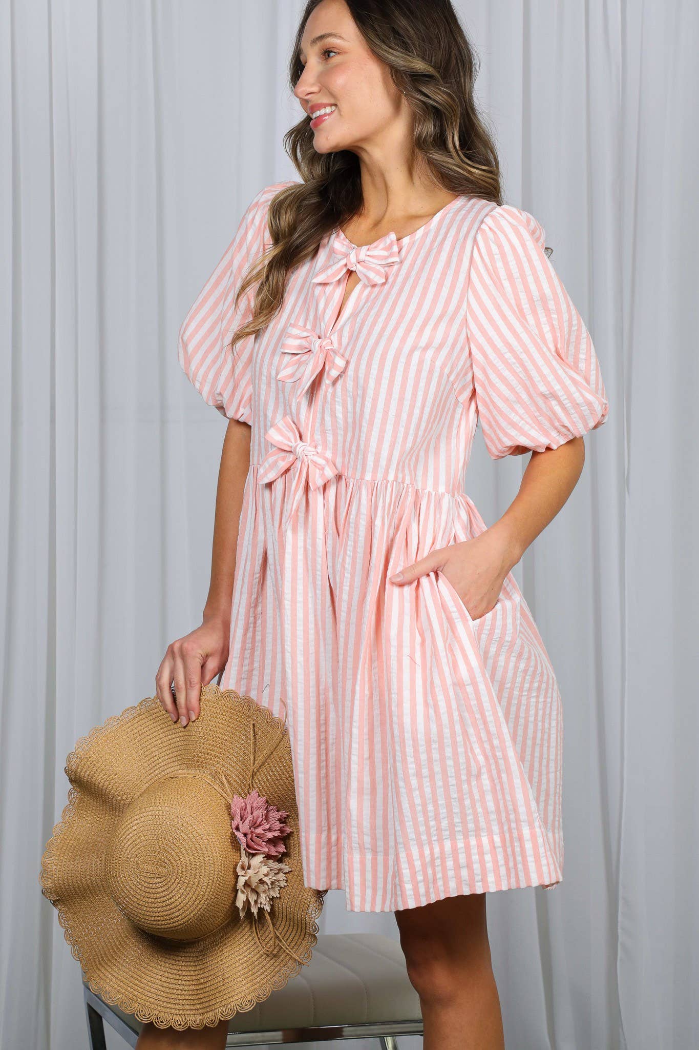 Bow Tie Front Striped Baby Doll Mini Dress VD82683