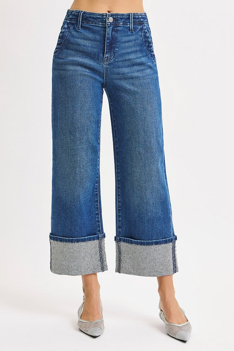 High Rise Crop Wide Rhine Stone Cuffed Jeans