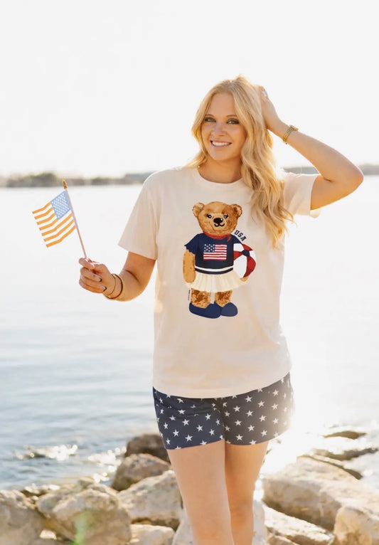 Beige USA Teddy Bear Box Tee