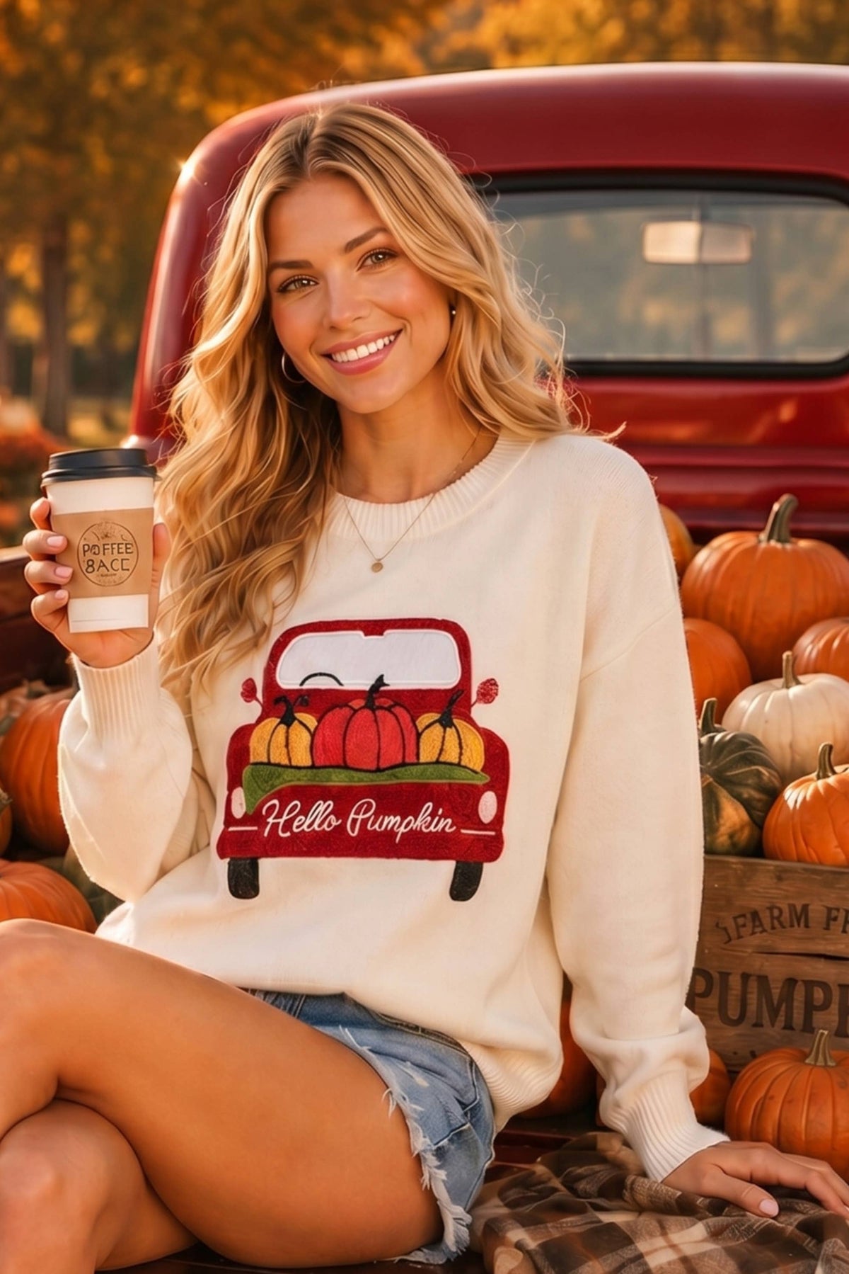 Pumpkin Truck Embroidered Patchwork Sweater Knit Top