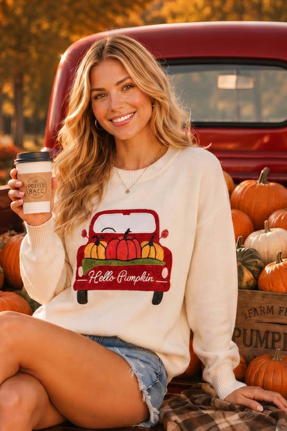 Pumpkin Truck Embroidered Patchwork Sweater Knit Top