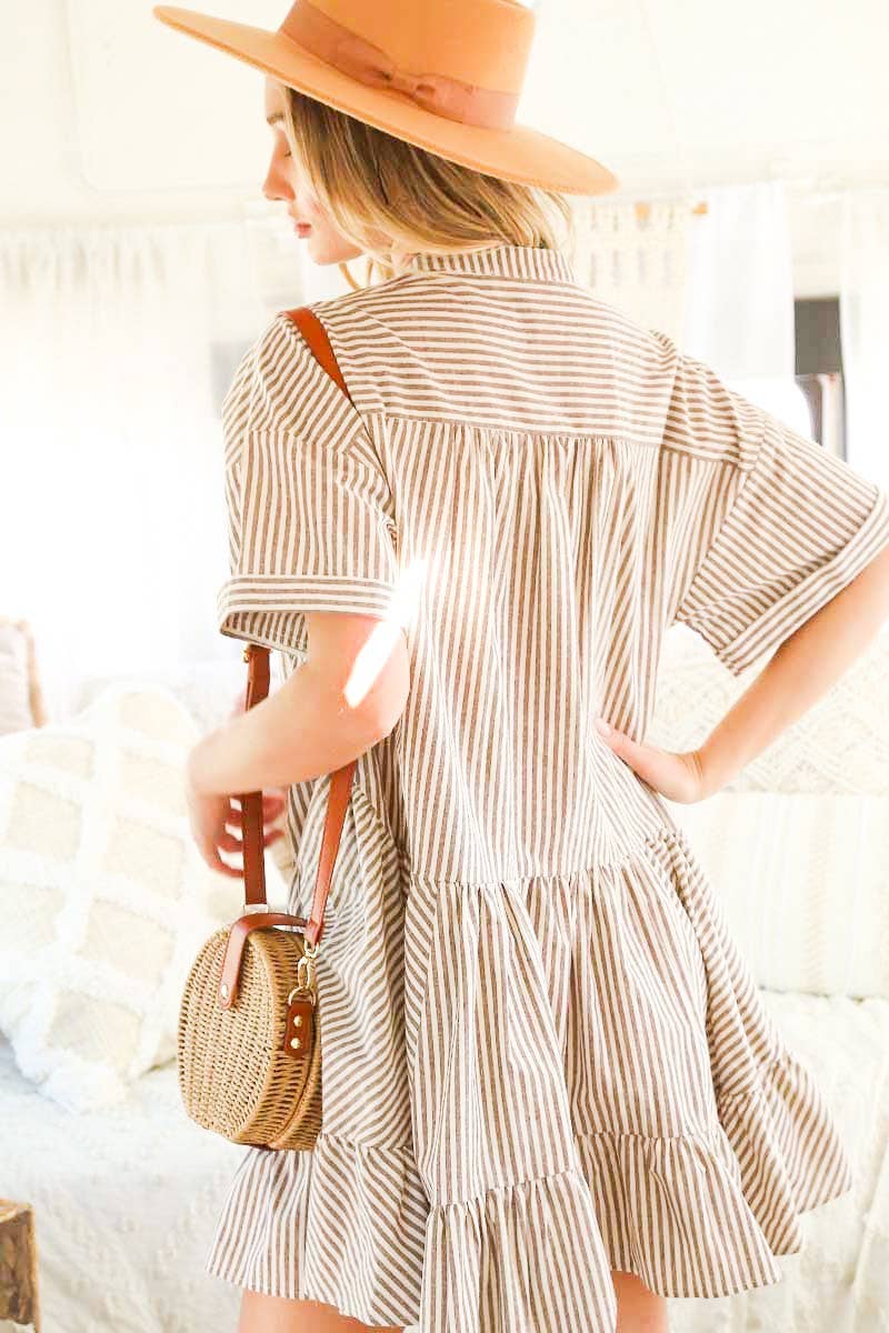 V-Neck Striped 100% Cotton Tiered Woven Dress VD81038