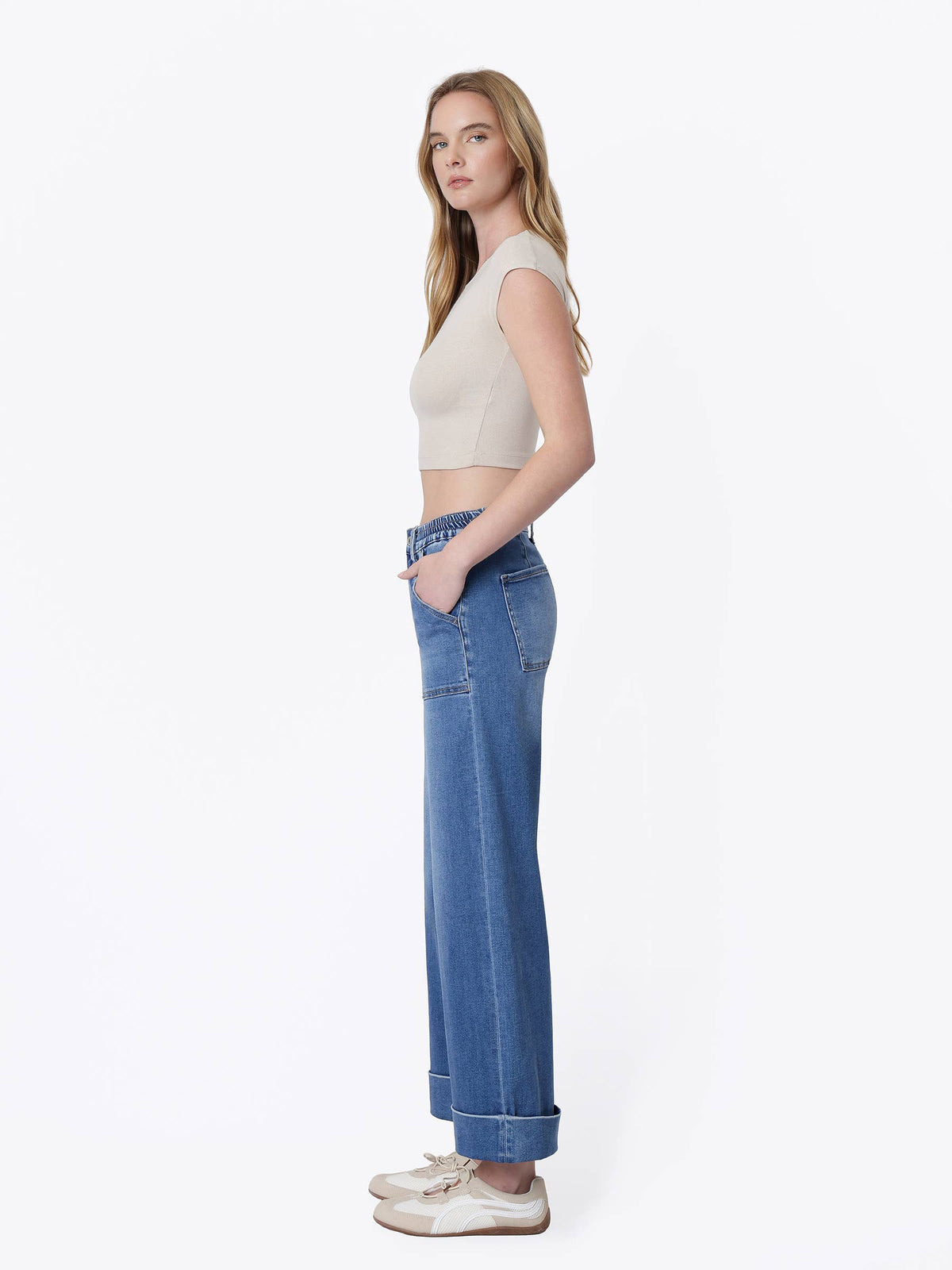 HIGH RISE DOUBLE CUFFED BAGGY WIDE JEANS