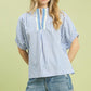 Stripe Lace Trim Pleated V-Neck Top