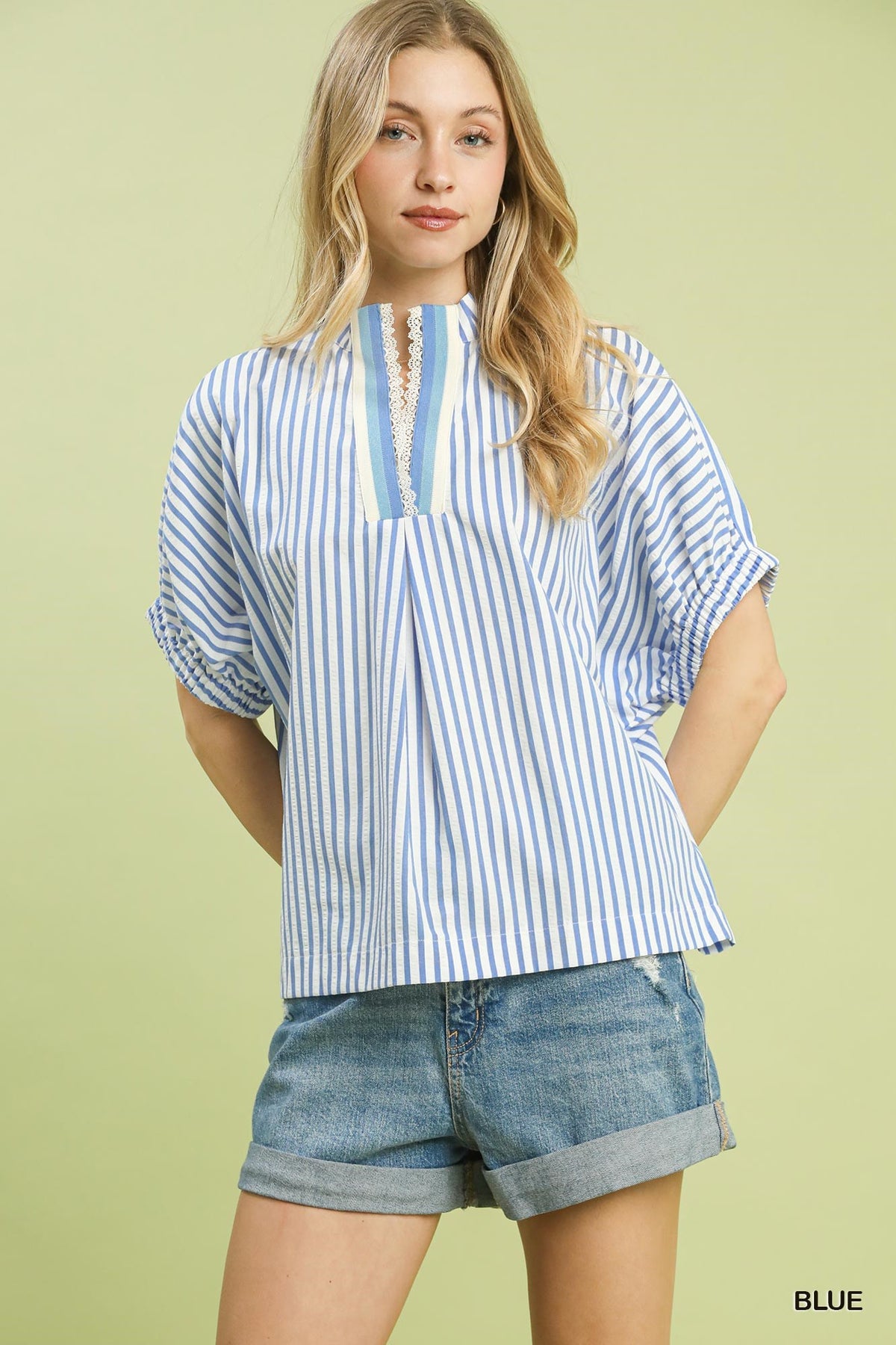 Stripe Lace Trim Pleated V-Neck Top