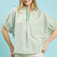 Stripe Lace Trim Pleated V-Neck Top