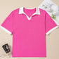 Contrast Trim Collared Split Neck Short Sleeve Plus Size Top