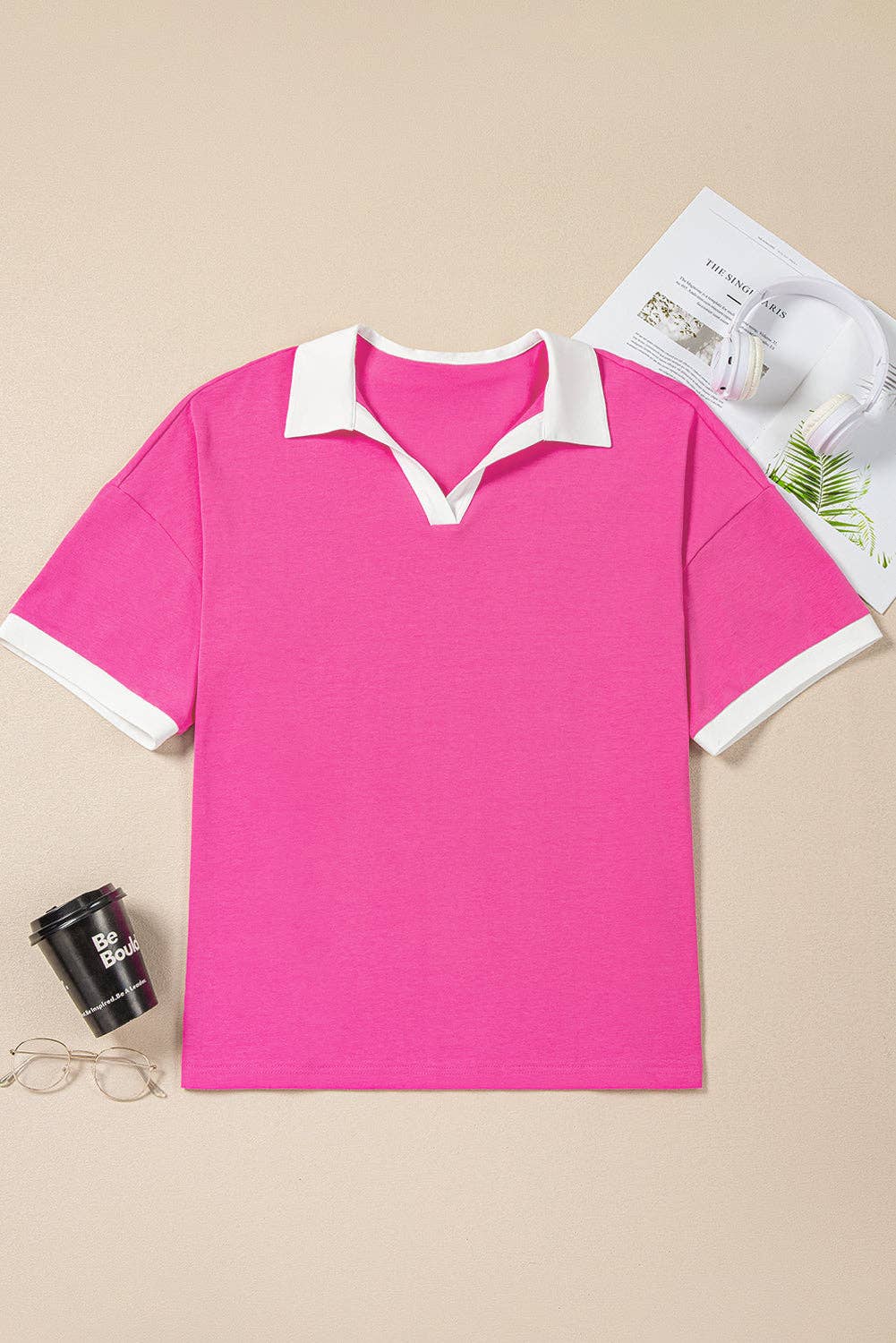 Contrast Trim Collared Split Neck Short Sleeve Plus Size Top