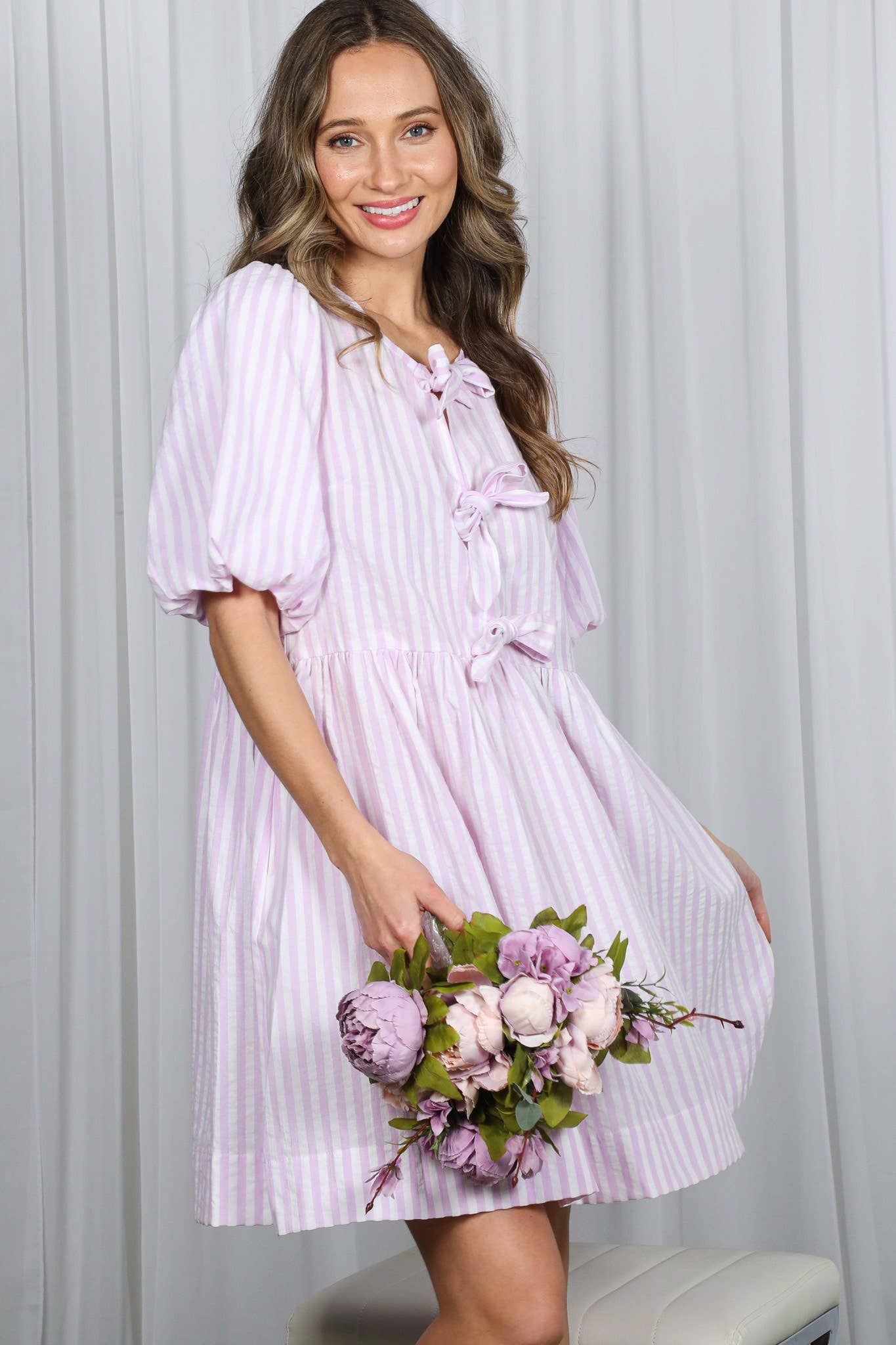 Bow Tie Front Striped Baby Doll Mini Dress VD82683