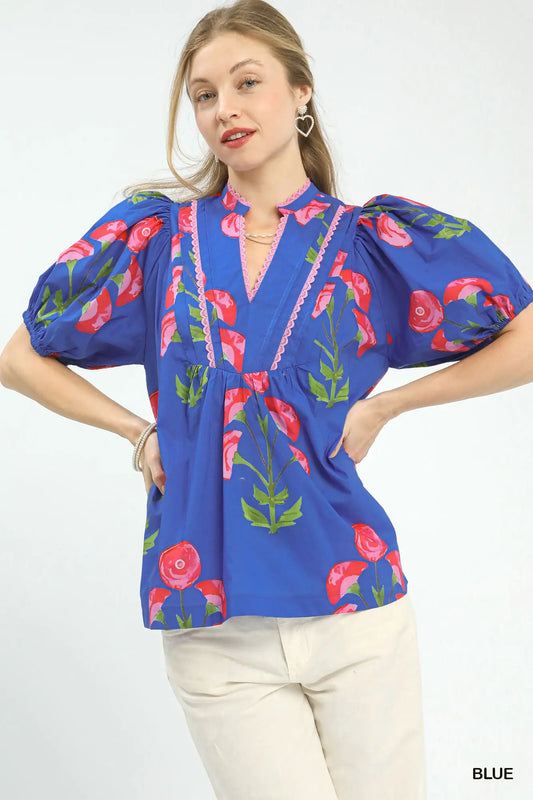 Blue Puff Sleeve Babydoll Top