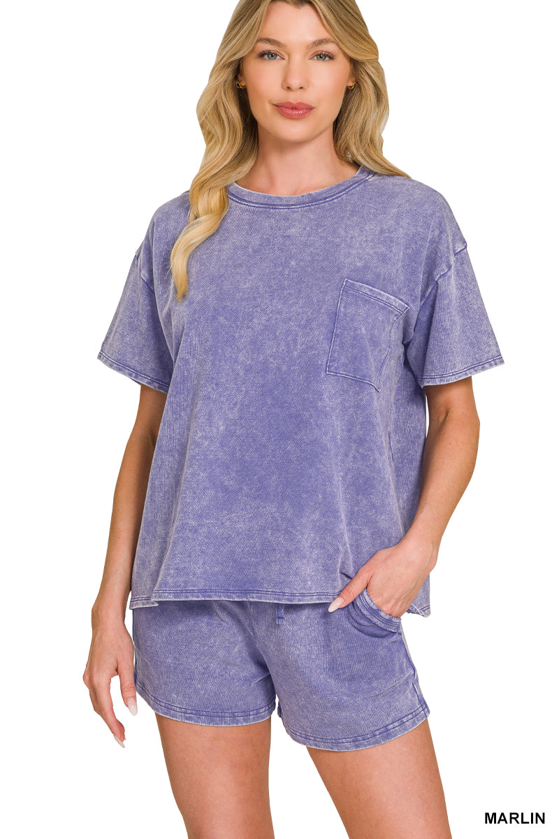 Acid Wash Round Neck Shorts Set