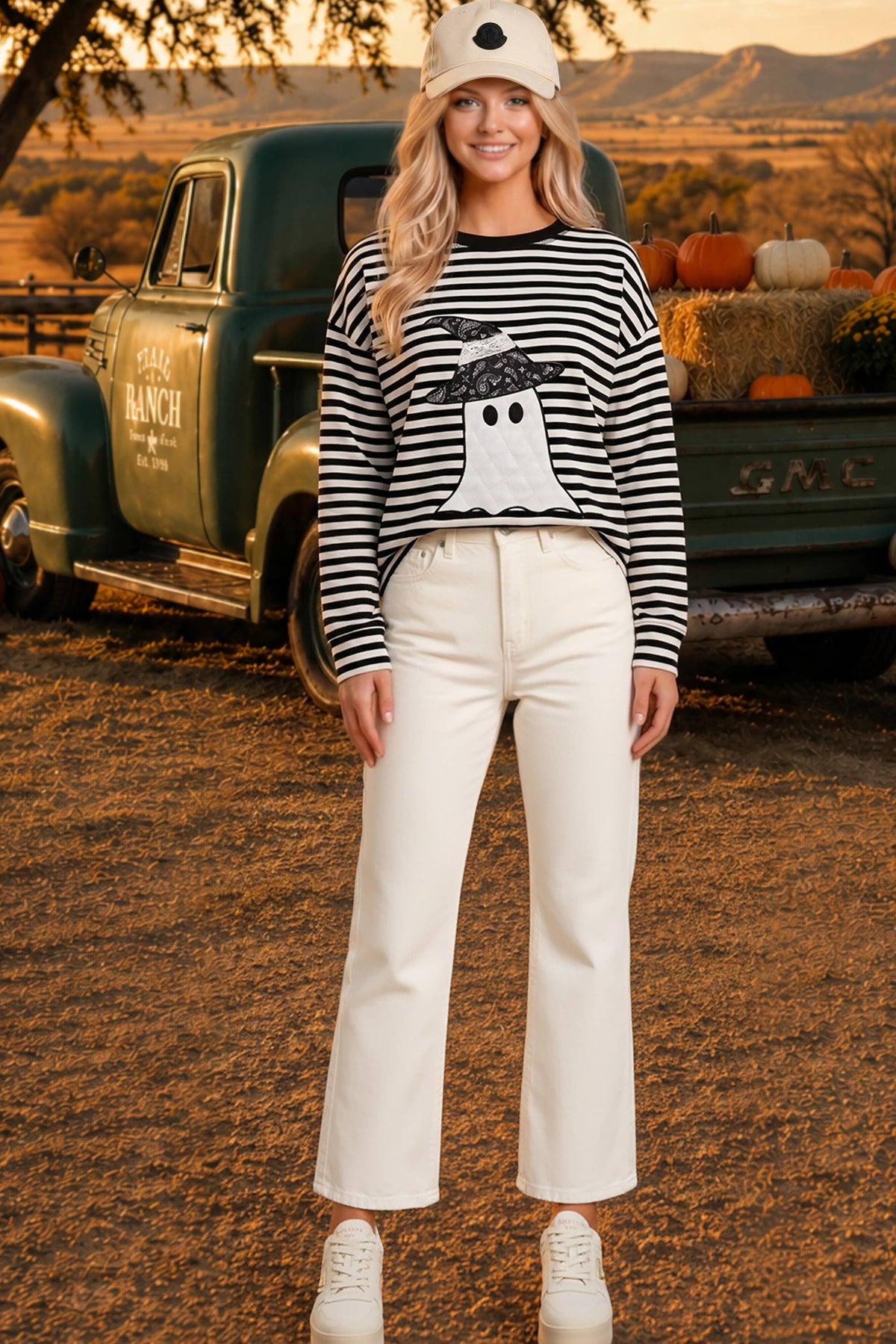 Halloween Ghost Appliqué Striped Long Sleeve Top