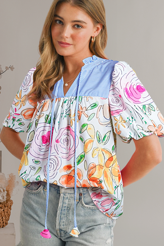 Chic Floral Print Striped  Frilled Buff Sleeve Blouse | S-XL