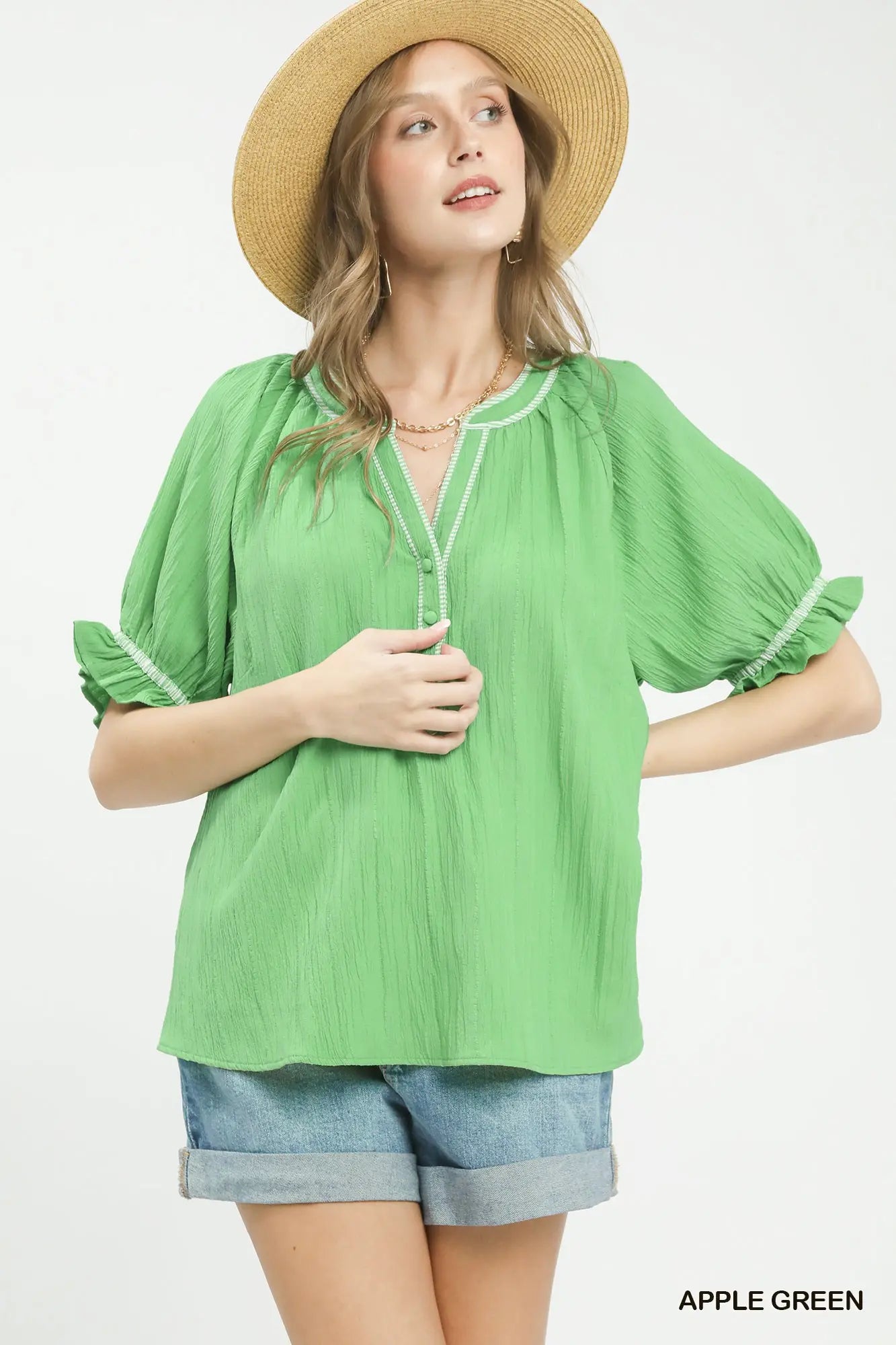 Textured Split Neck Puff Sleeve Top