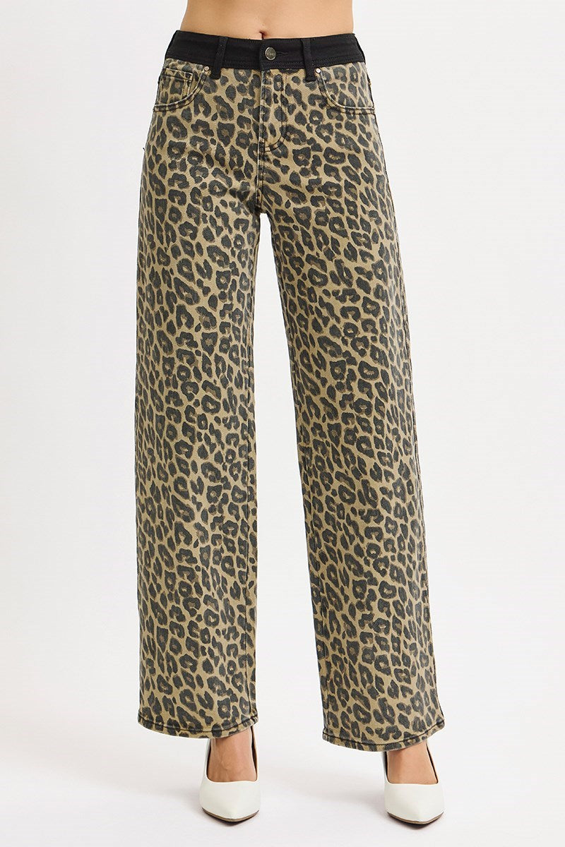 High Rise Leopard Wide Leg Jeans