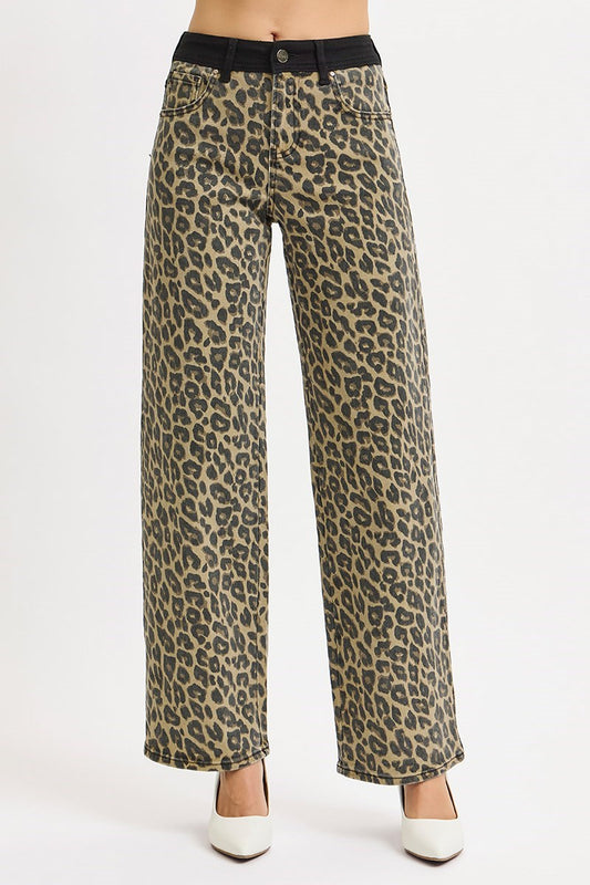 High Rise Leopard Wide Leg Jeans