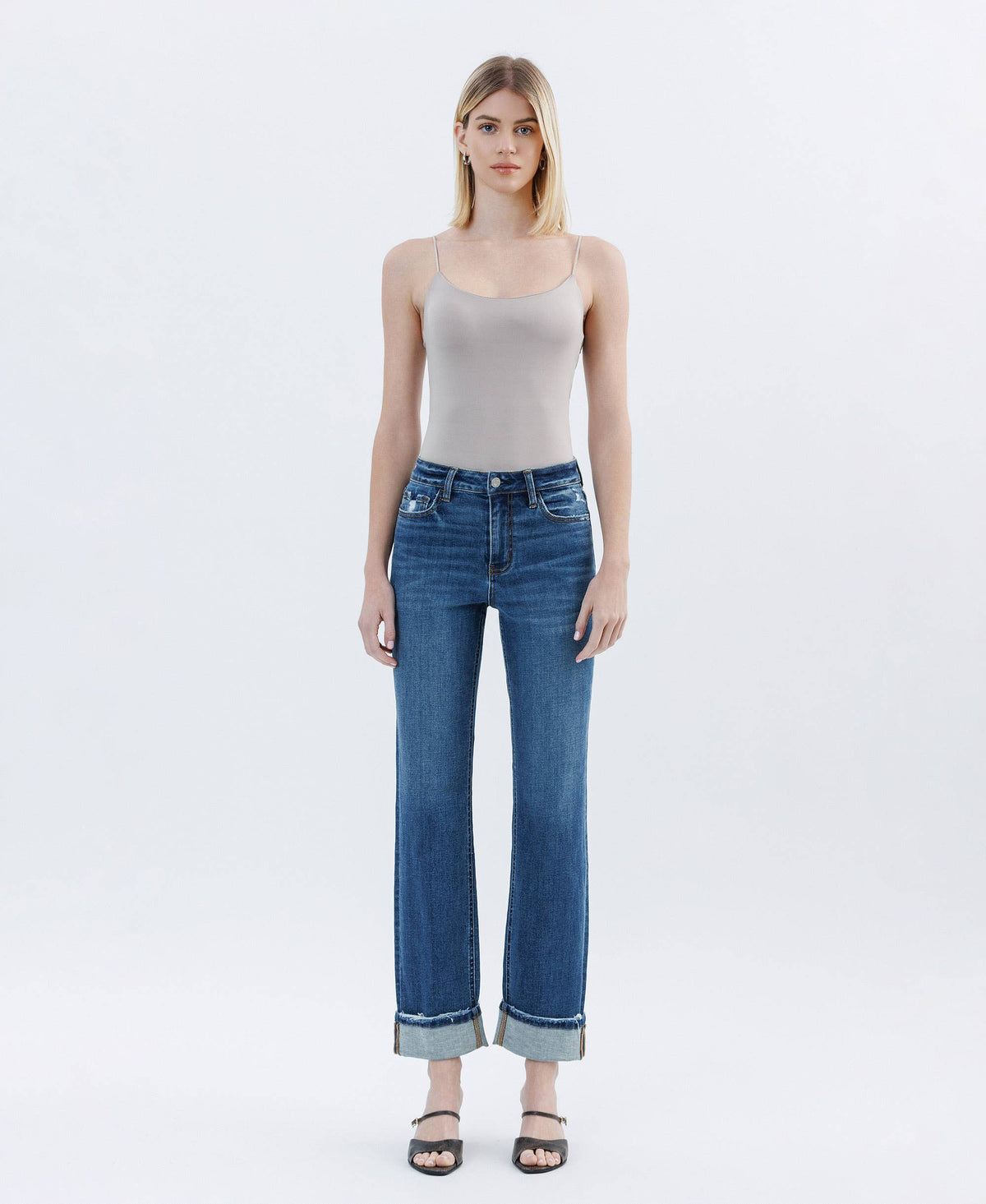 HIGH RISE DARK WASH CUFFED STRAIGHT JEANS