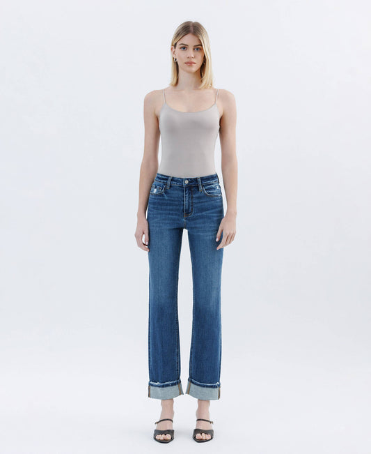 HIGH RISE DARK WASH CUFFED STRAIGHT JEANS