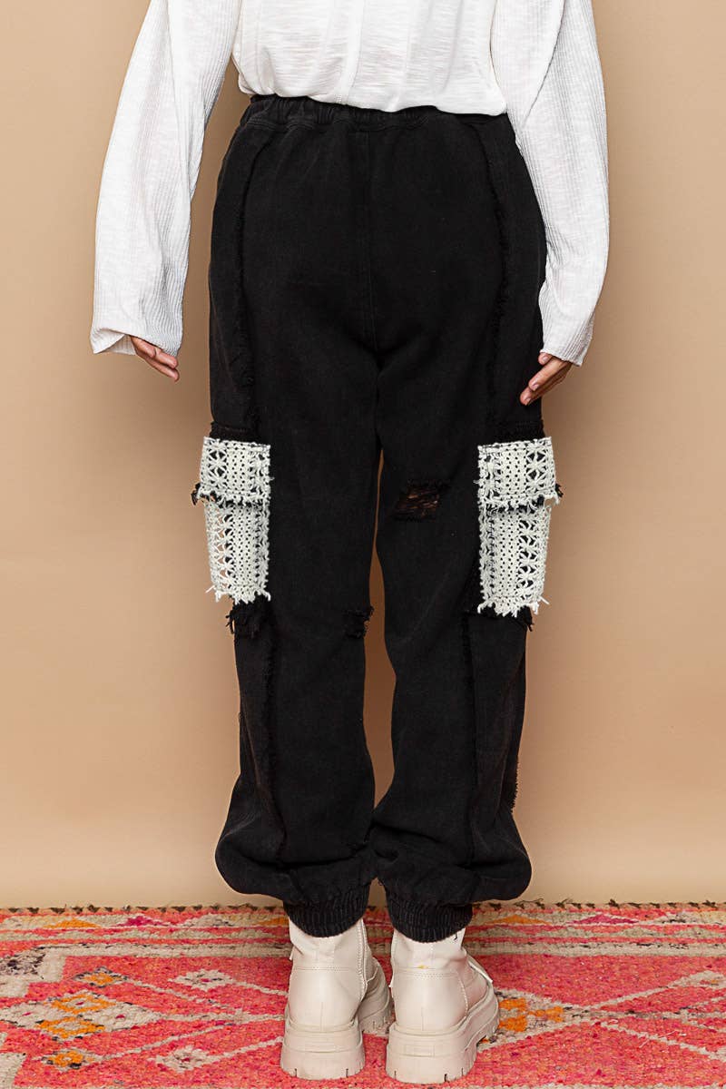 Tie waistband contrast crochet cargo pockets denim joggers