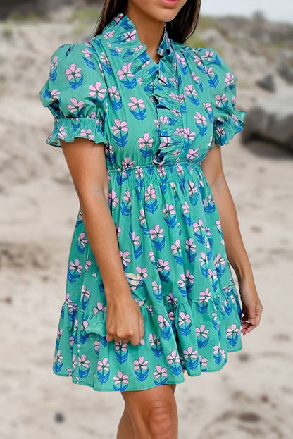 Floral Print Frilly Shirred Detail Mini Dress | S-XL