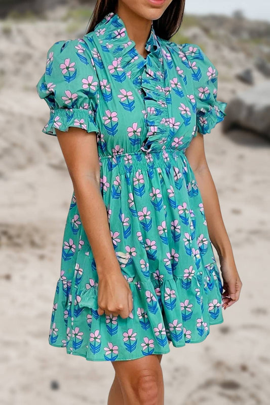 Floral Print Frilly Shirred Detail Mini Dress | S-XL