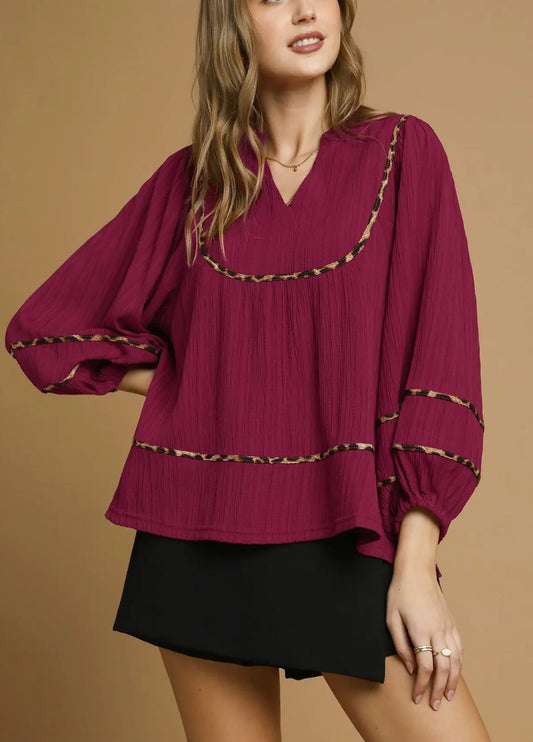 Leopard Trim Bubble Sleeve Blouse