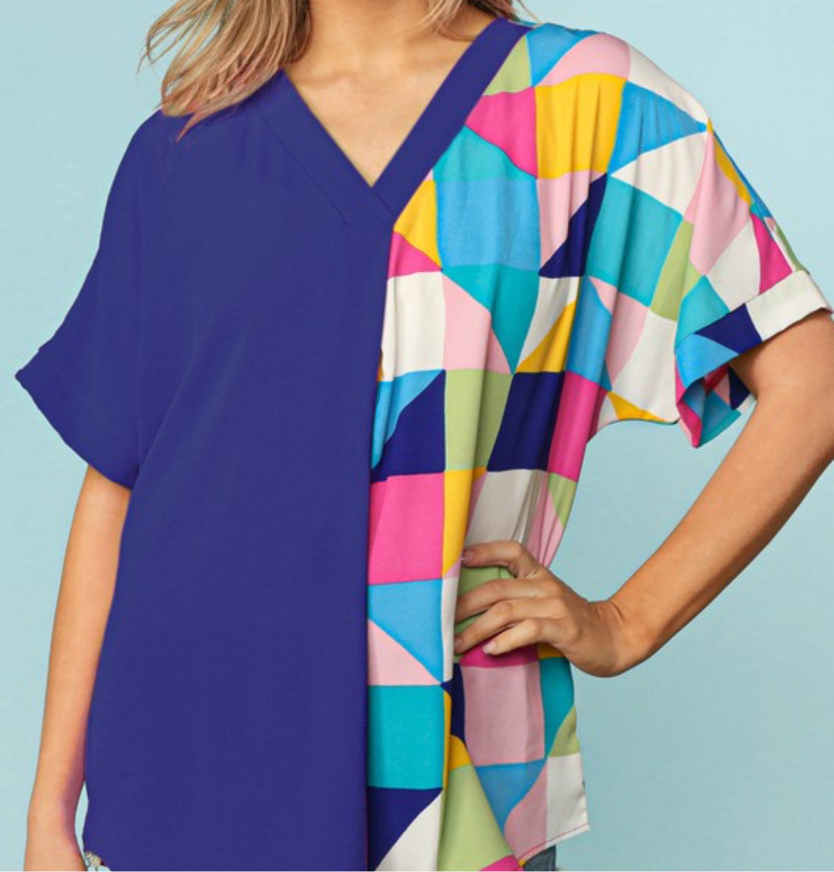 Royal Blue Multi Color Geometric Short Sleeve Top