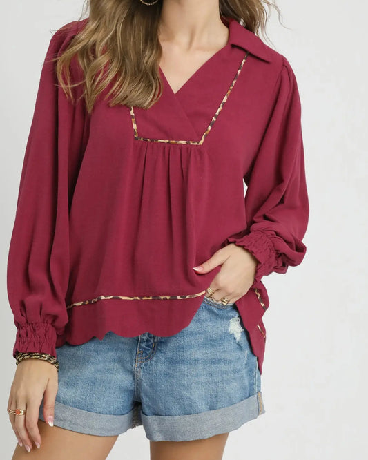 Leopard Trim Long Sleeve Top