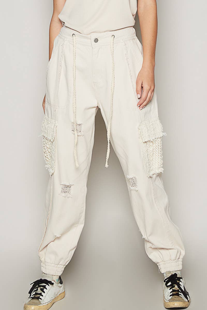 Tie waistband contrast crochet cargo pockets denim joggers