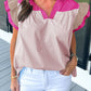 Mist Blue Colorblock Ruffled Sleeve Frill V Neck Blouse
