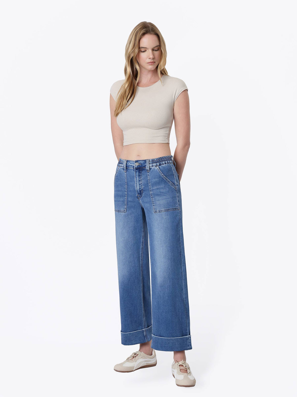 HIGH RISE DOUBLE CUFFED BAGGY WIDE JEANS