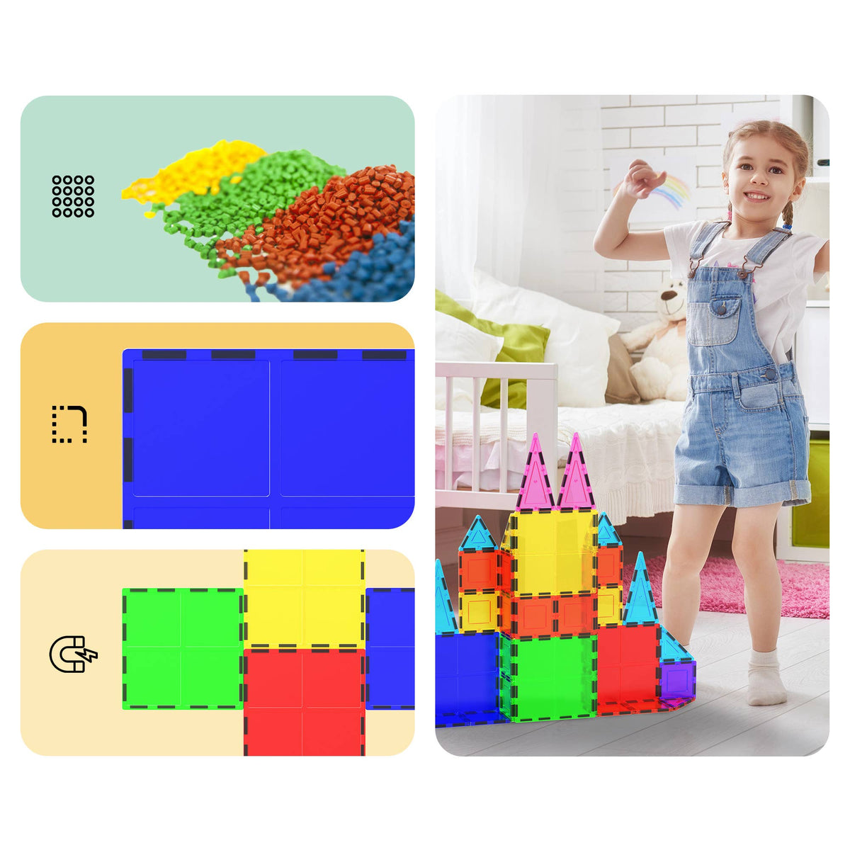 PicassoTiles 4pc Large Square Magnet Tiles Expansion Pack