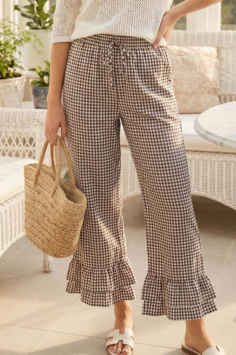 Gingham Casual Ruffled Hem 100%Cotton Cropped Pants