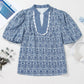 Blue Floral Striped Print Contrast Ric-rac Puff Sleeve Top