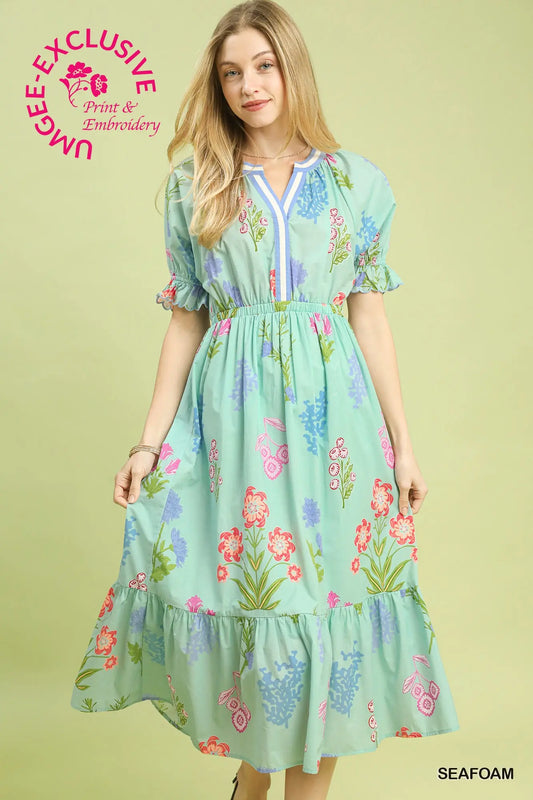 Seafoam Green Floral Print Midi Dress