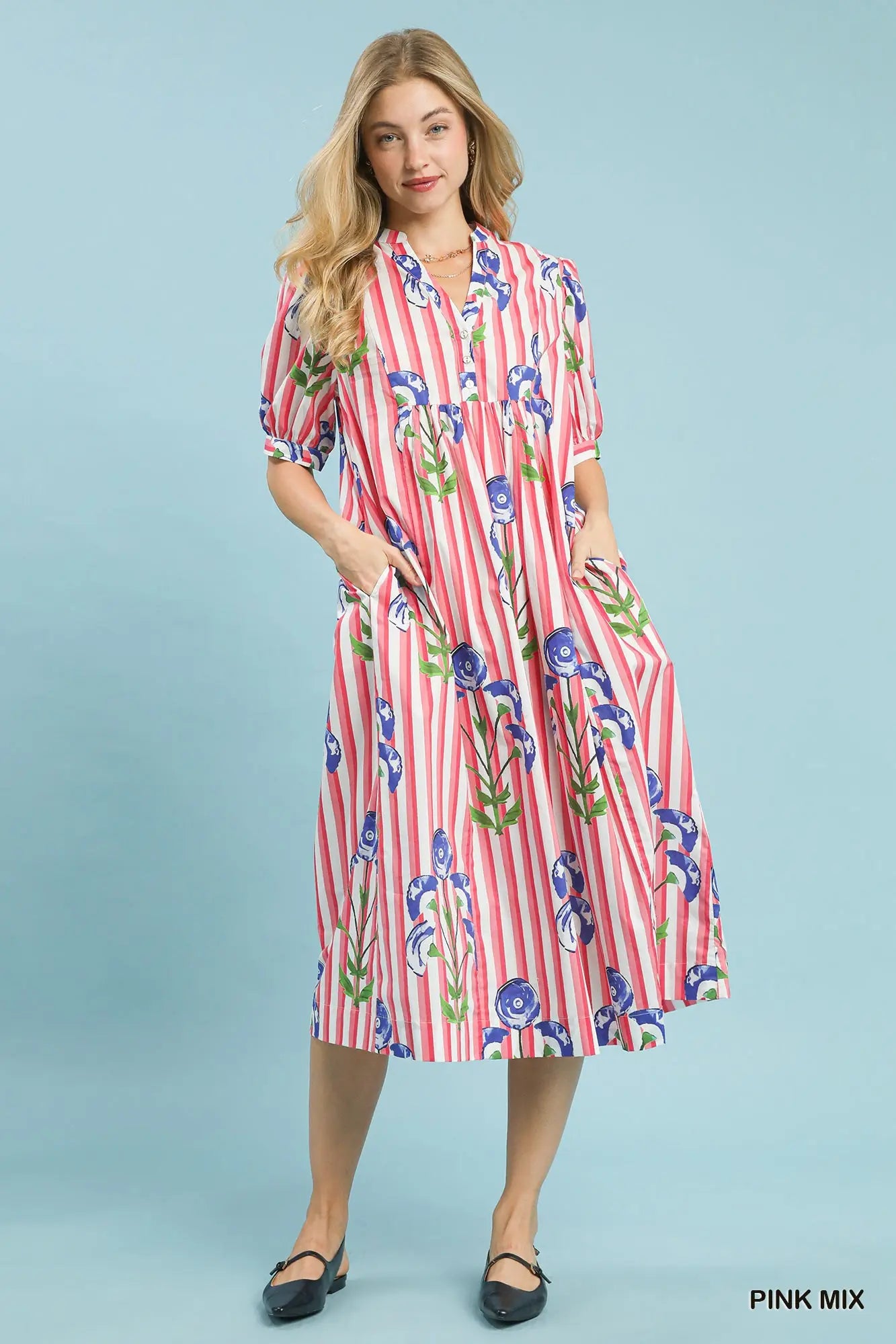 Mixed Stripe Floral Midi Dress