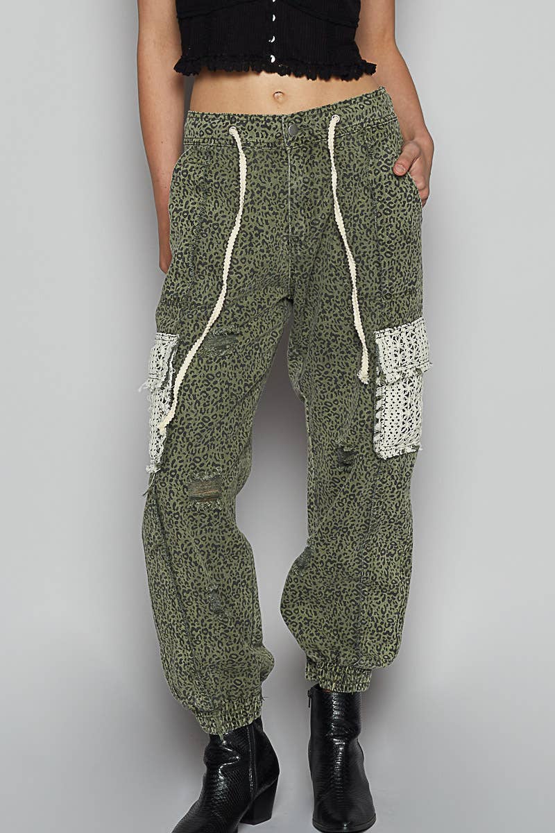 Tie waistband contrast crochet cargo pockets denim joggers