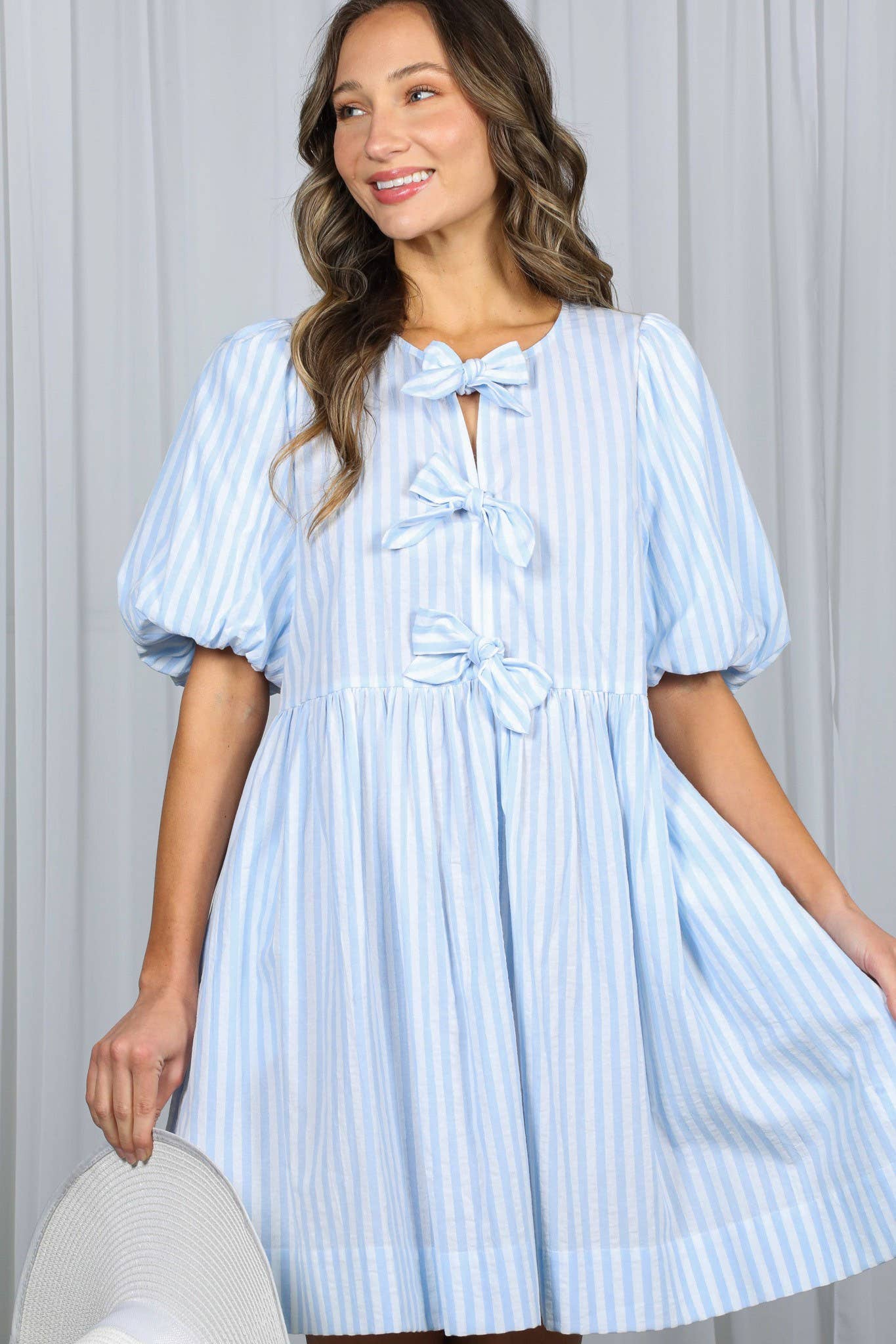 Bow Tie Front Striped Baby Doll Mini Dress VD82683