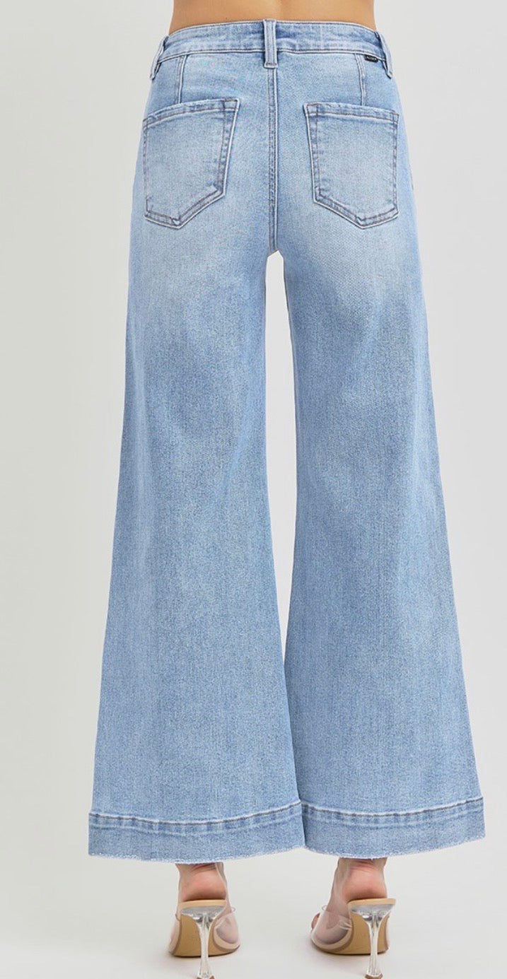 High Rise Ankle Wide Leg Patch Front Jeans