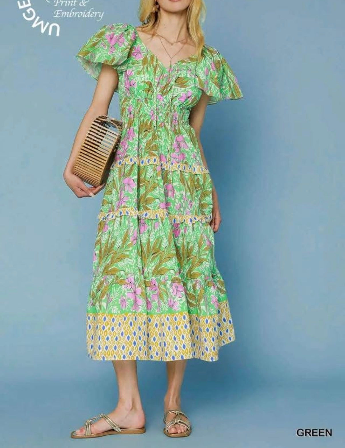 Green Floral Puff Sleeve Dress