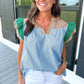 Mist Blue Colorblock Ruffled Sleeve Frill V Neck Blouse